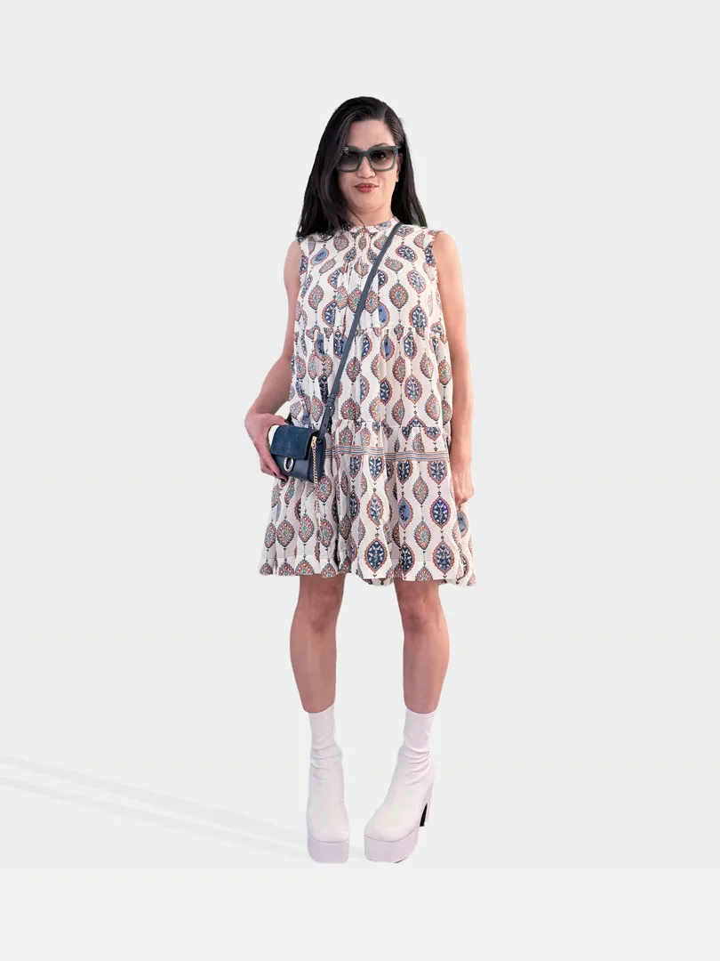 Chloe Silk Print Dress, Chloe Bag and Dries Van Noten White Boots