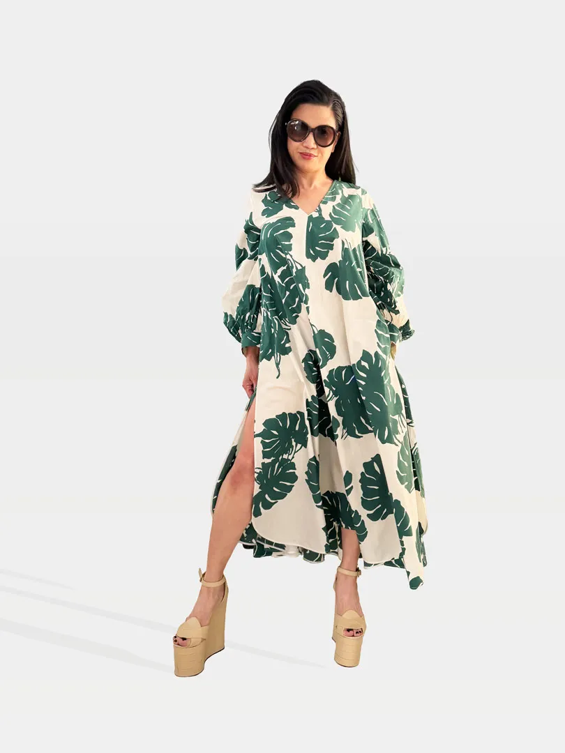LaDouble J Monstera Printed Cotton Caftan and Gucci Platform Sandals