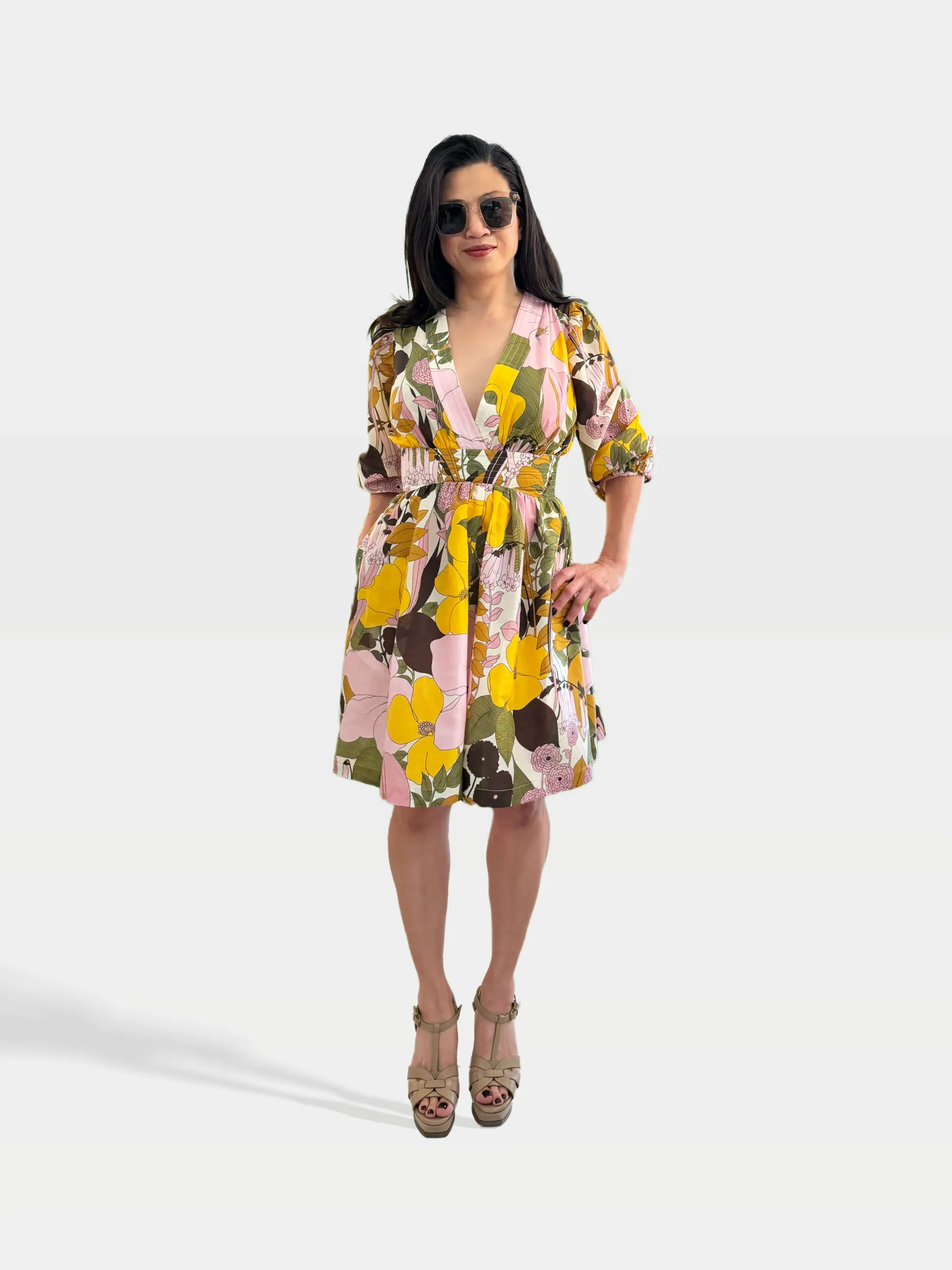 La DoubleJ Pink Floral Cotton Dress and YSL Paris High Heeled Sandals