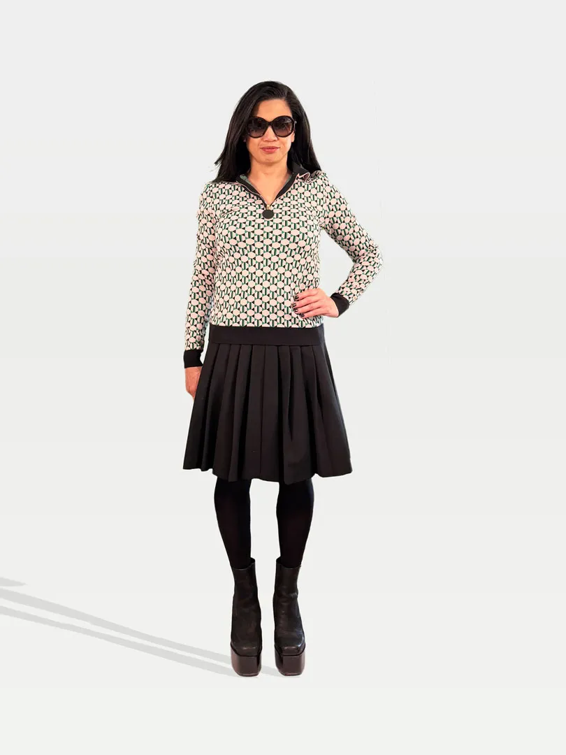Marni Printed Sweater, Red Valentino Black Pleated Skirt and Ankle Boots