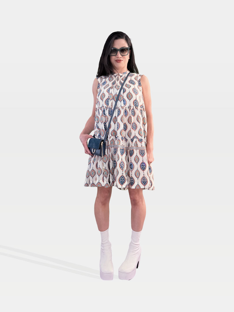 Chloe Silk Print Dress, Chloe Bag and Dries Van Noten White Boots