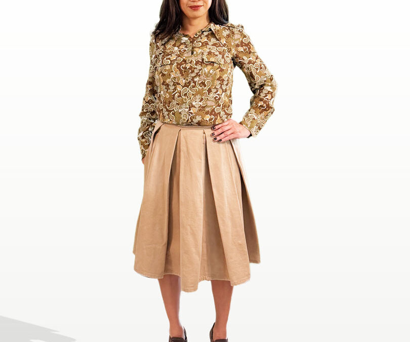 Chloe Printed Long Sleeve Blouse, Prada Beige Khaki Pleated Skirt and YSL Paris Suede Booties