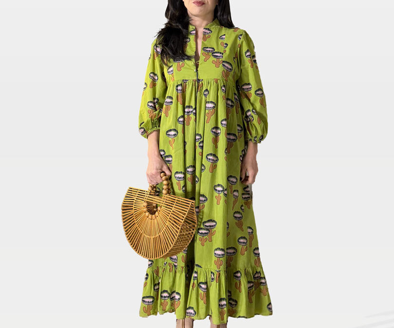La Double J Green Printed Caftan and YSL Platform Sandals