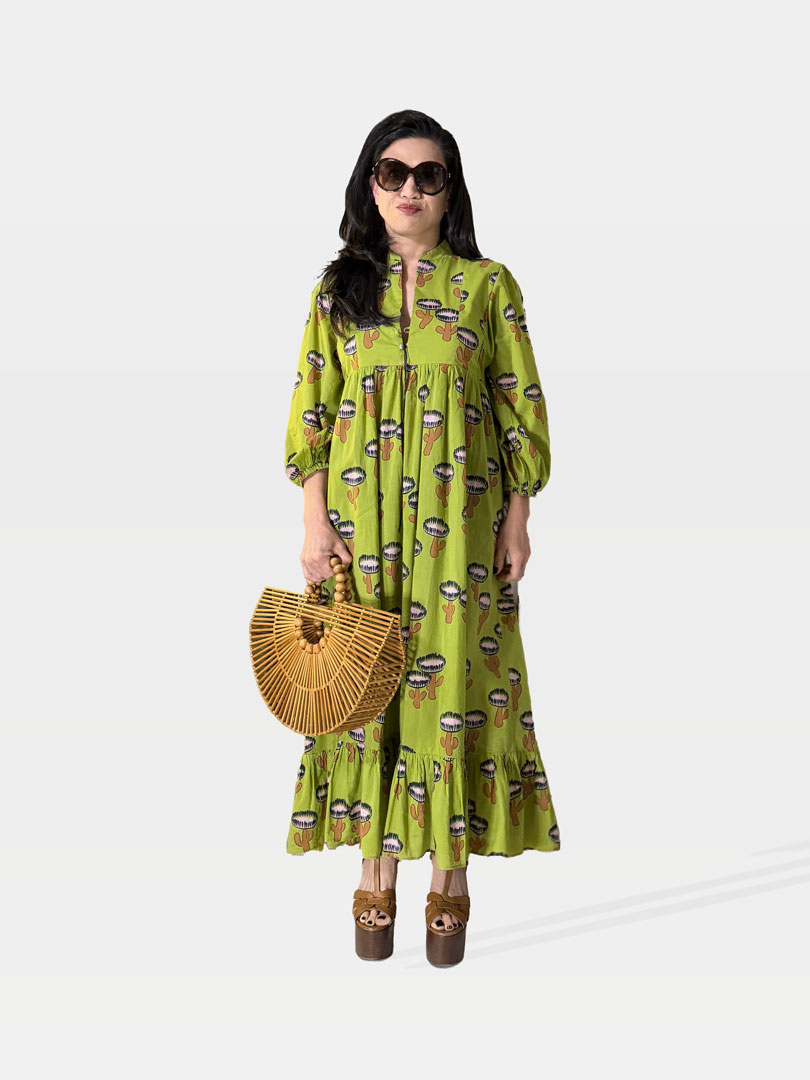 La Double J Green Printed Caftan and YSL Platform Sandals