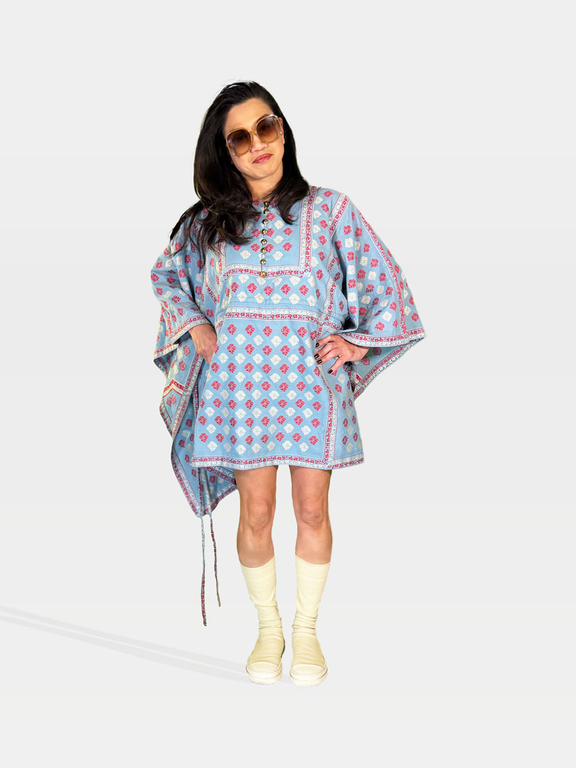 Gucci Blue Printed Caftan and Ivory Rick Owens Boots