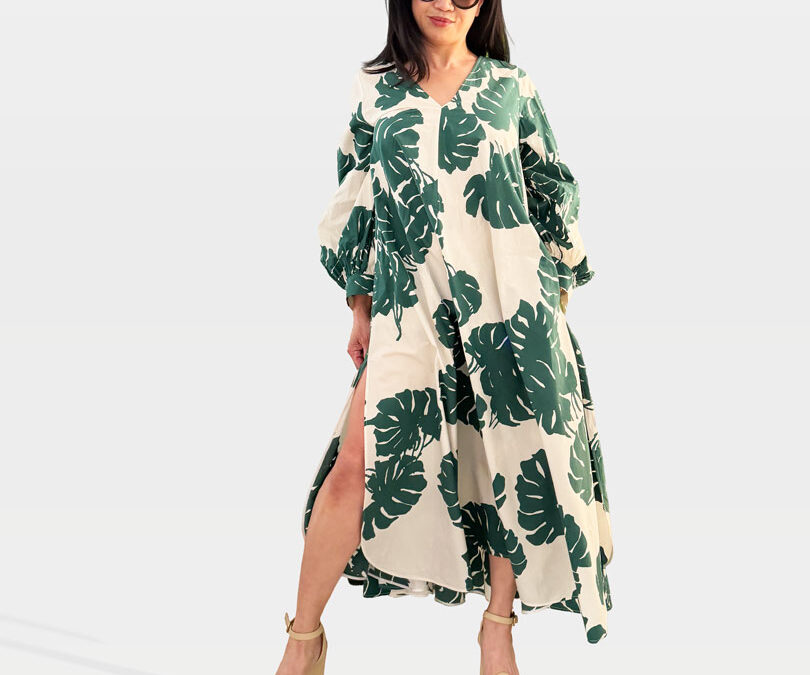 LaDouble J Monstera Printed Cotton Caftan and Gucci Platform Sandals