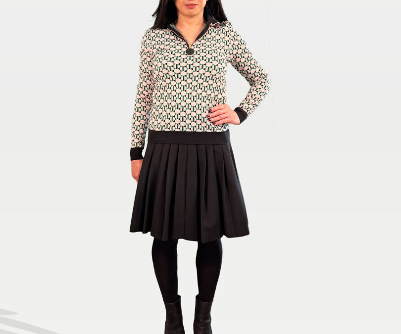 Marni Printed Sweater, Red Valentino Black Pleated Skirt and Ankle Boots